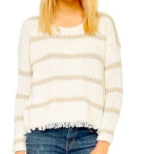Madewell Women Crew Neck Stripe Fringe Knit Sweater | Size S | Tan | Cream |